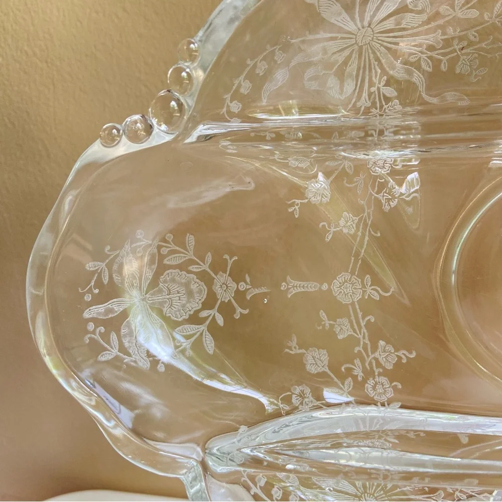 Heisey Glass etched orchids vintage clear divided three part serving tray dish